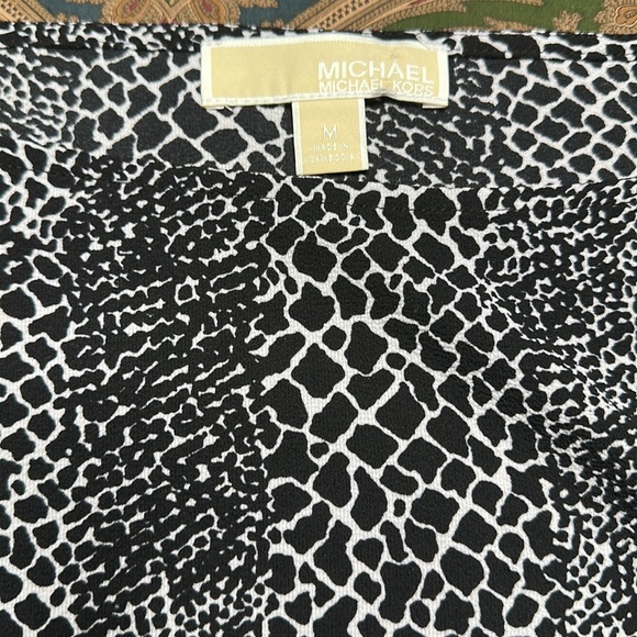 Michael Michael Kors SS blouse white with black pattern gold hoops tie sleeve M - Picture 5 of 5